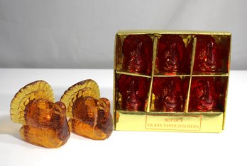 Turkey Candle Holders Vintage Yellow/Amber Glass  & Mini Taper Candles