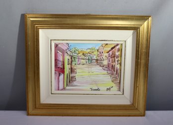 Scalinata Di San Nicola Di Trivento Watercolor Pen & Ink, Framed And Initialed By Artist