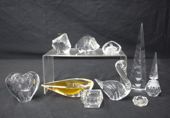 Lot Of Crystal And Glass Figurines  Swan, Heart, Obelisks, And More