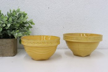 Two Vintage Patterned Solid Yellow Ware Stoneware Mixing Bowls