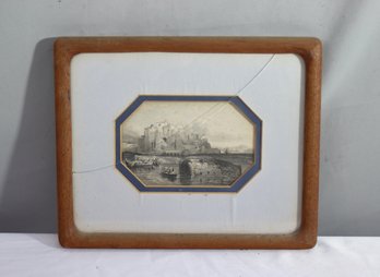 Antique Etching Animated View Caligula Mole Pozzuoli Naples 1840, Framed Octagonal Matte