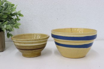 Two Yellow Ware Mixing Bowls Blue/White Bands And  Brown/White