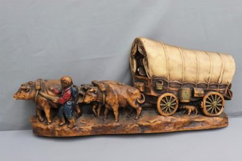 Antique 19th C. Folk Art Oxen Drawn Covered Family Wagon Painted Hydrocal Casting