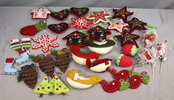Group Lot Of Various Super-Colorful Felt (mostly) Christmas Tree Ornaments And Decor