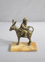 Vintage Brass Hodja Riding Donkey Backwards Statue On Marble Base