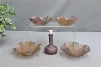 Vintage Judith Muller Purple Art Glass Perfume Bottle & 4 Reuven Satin Art Glass  Ruffle Handkerchief Bowls