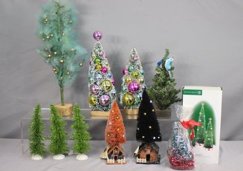 Group Lot Of Decorative Mini Christmas Trees - Bottle Brush, Jeweled Cone, Birds, Gold Berries Etc