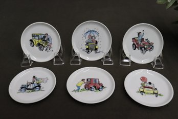 Group Lot Of 6 Furstenberg Porcelain Vintage Auto Scene Small Plates/Large Coasters