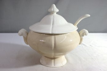 Vintage Royal Sealy Electric White & Cream Ironstone Pedestal Tureen With Lid And Ladle