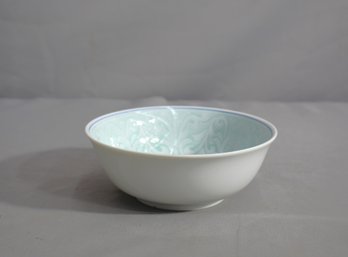 Scalloped Japanese Rice Bowl With Blue And Green Motifs