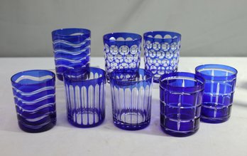 Group Of 8 Geometric Cobalt Blue Blue On Clear Double Old Fashioned Glasses