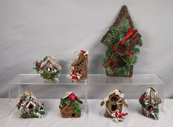 Group Lot Of Decorative Twig And Bark Birdhouse Figurines