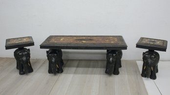 Indian Elephant Motif Cocktail Table And Side Table