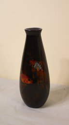 Vintage Japanese Black Lacquer Koi Goldfish Pattern Wooden Vase