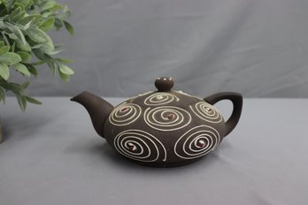 Starset Teapot Pottery With White Spiral Design On Dark Brown Glaze