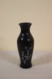 Vintage Chinese Black Lacquered Wood Vase With Mother Of Pearl Inlay