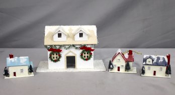 Group Lot Of 4 Snowy Old Village House Ornaments