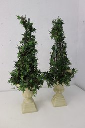 Two Faux Ivy Topiaries In Greek Urn Style Planters