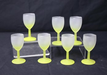 Group Lot Of 7 Frosted And Yellow Cordial Glasses