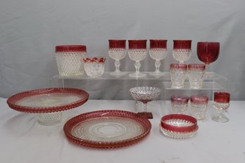 Big Grouping Of Vintage Indiana Glass Diamond Point Ruby Red Flash Cut To Clear Glass Tableware