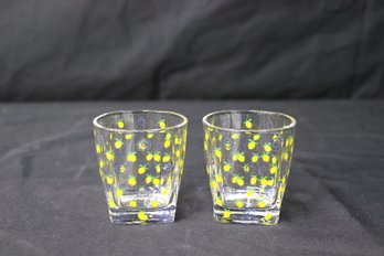 A Pair Of Vintage Lemon Print & Letter 'C' Emblem Small Lowball Rocks Glasses