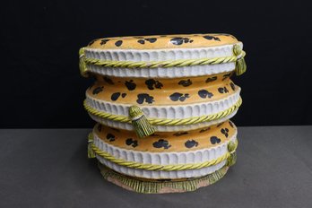 Hand-Painted Terracotta Tabouret Faux Leopard With Tassels And Fringe