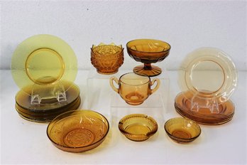 Group Lot Of Assorted Vintage Amber Glass Plateware And Tabletop