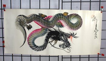 #60-Chinese Dragon Art Print  Signed With Stamp  Asian Calligraphy And Watercolor