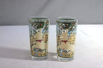 Two Vintage MCM Cera Hunt Of The Unicorn Highball Glasses