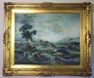 Elegant Frame With Vintage Acrylic & Gouache On Canvas, Hill And Valley Scene, Signed By Artist