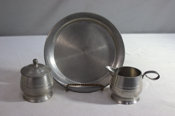 Vintage Hand-Cast Pewter Creamer & Sugar With Serving Plate