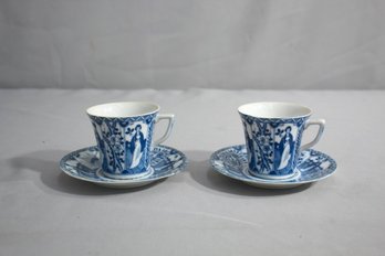 Set Of Two Vintage Chinoiserie Blue & White Teacups & Saucers