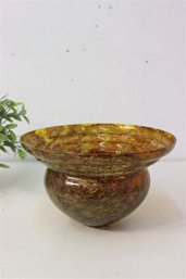 Mouth-blown Splattered Iridescent Amber Ridged Art Glass Vase