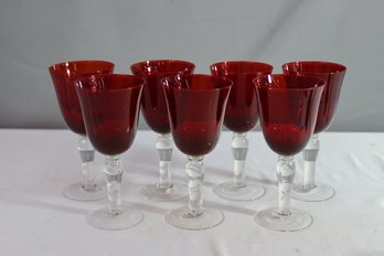 Set Of 7 Ruby Flare Bowl & Clear Stem Glass Goblets