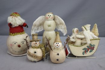 Group Lot Of 5 Various Snowy White Christmas Figurine Decor