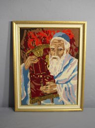 Mosaic Of Wisdom- Handcrafted Needlepoint Tapestry Of Rabbi With A  Torah