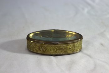 Vintage Mid-Century Brass & Etched Glass Oval Dresser/Trinket Box