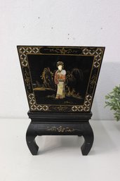 Black Lacquer Japanese Planter With Painted Inlay On Stand