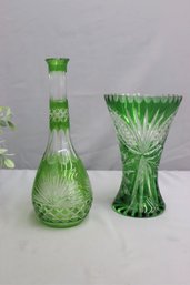 Two Vintage Bohemian Style Cut To Clear Embassy Green Glass Vases