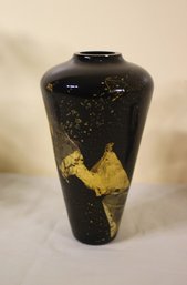 Black And Gold Leaf  Porcelain Vase, Signed And Dated On Bottom