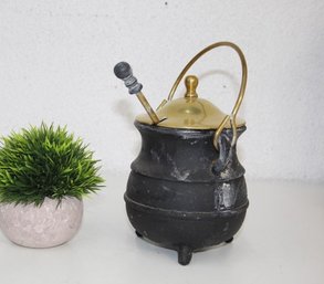 Vintage Cast Iron Fire Starter Cauldron With Wand And Brass Lid