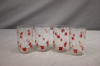 Set Of 4 Vintage Swanky Swigs Red Tulip Juice Glasses