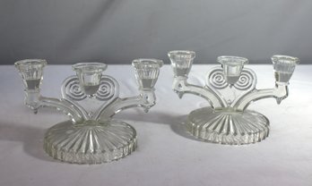 Pair Of Vintage Cosmos Clear By Jeannette Triple Light Glass Candlestick Holders