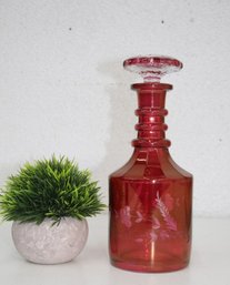 Vintage Floral Blossom Finial Cut Clear Glass Cranberry Glass Decanter