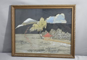 Vintage Japanese Embroidered Art Piece In Wooden Frame