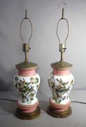 Pair Of Hand-Painted Floral And Bird Motif Porcelain Lamps