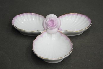 Hand-Painted Herend Lavender Rose Three Shell Relish Dish With Gold Rims #1531