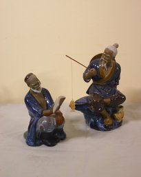 Two Vintage Chinese Shiwan Mudmen Figurines - A Fisher And A Reader