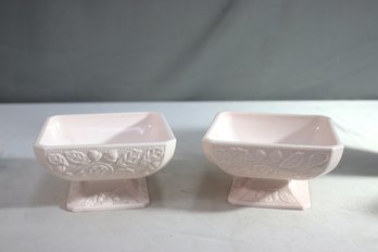 Two Vintage Jeannette Glass Co. SHELL PINK Acorns Footed Square Candy Dish