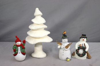 Three Snowman Figurines  And 1 Pure-white Funky High Altitude Christmas Tree